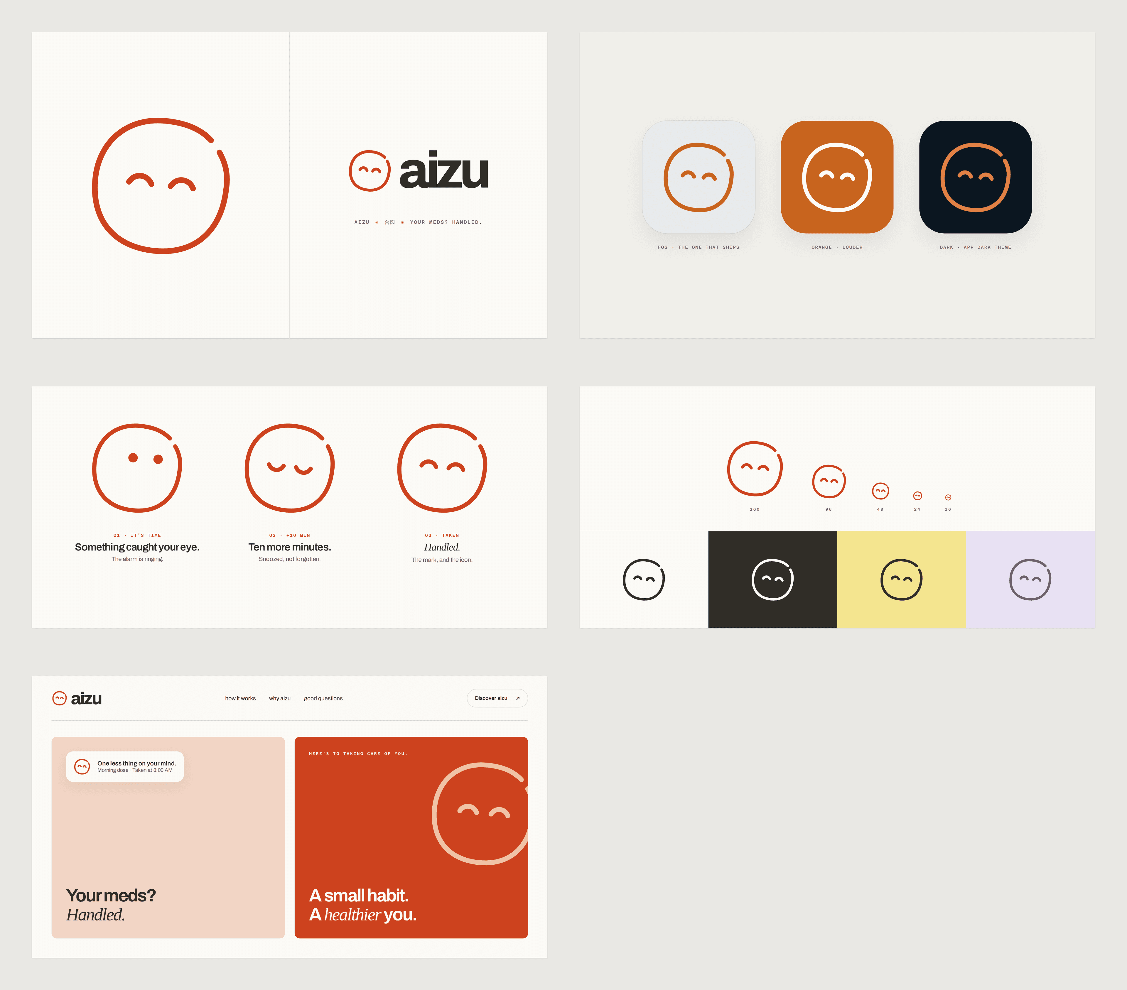The handled identity board with smiling eyes, three reminder moods, size tests, and landing page compositions.