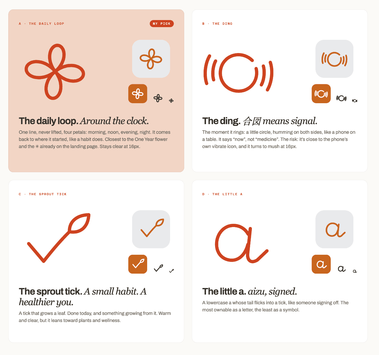 Four logo directions: a four-petal daily loop, a ringing circle, a sprouting checkmark, and a handwritten letter a.