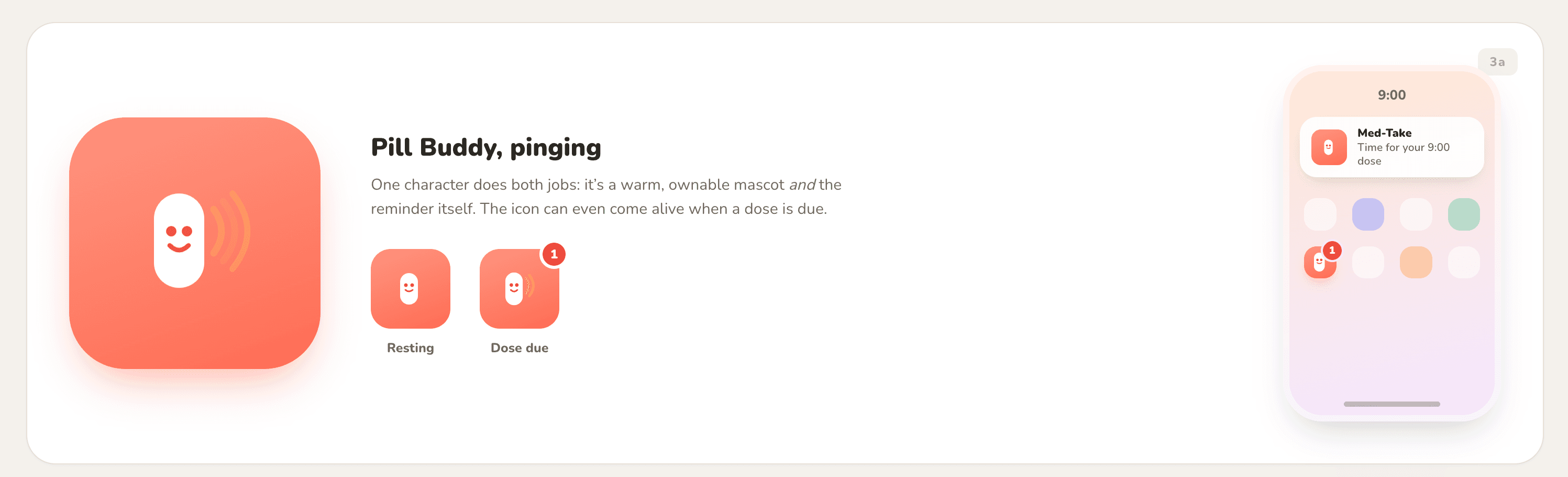 Pill Buddy with signal lines, resting and dose-due states, and a notification mockup.