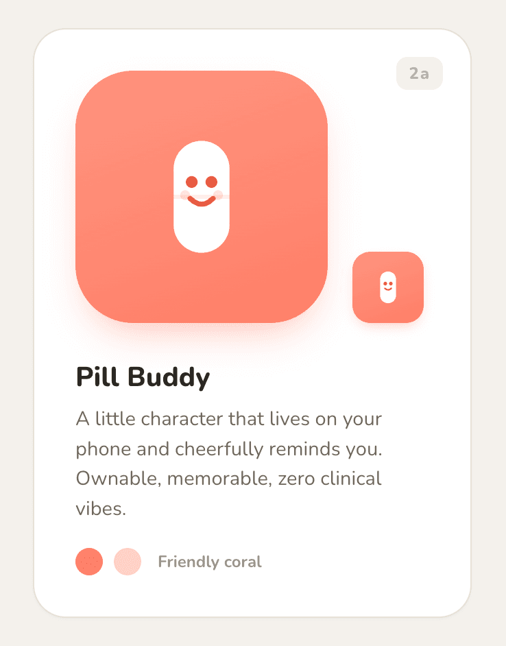 Early Pill Buddy concept: a smiling white capsule on a coral app icon.
