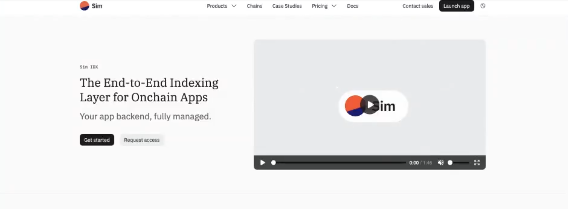 Sim IDX marketing site hero: "The End-to-End Indexing Layer for Onchain Apps" with a product video player.