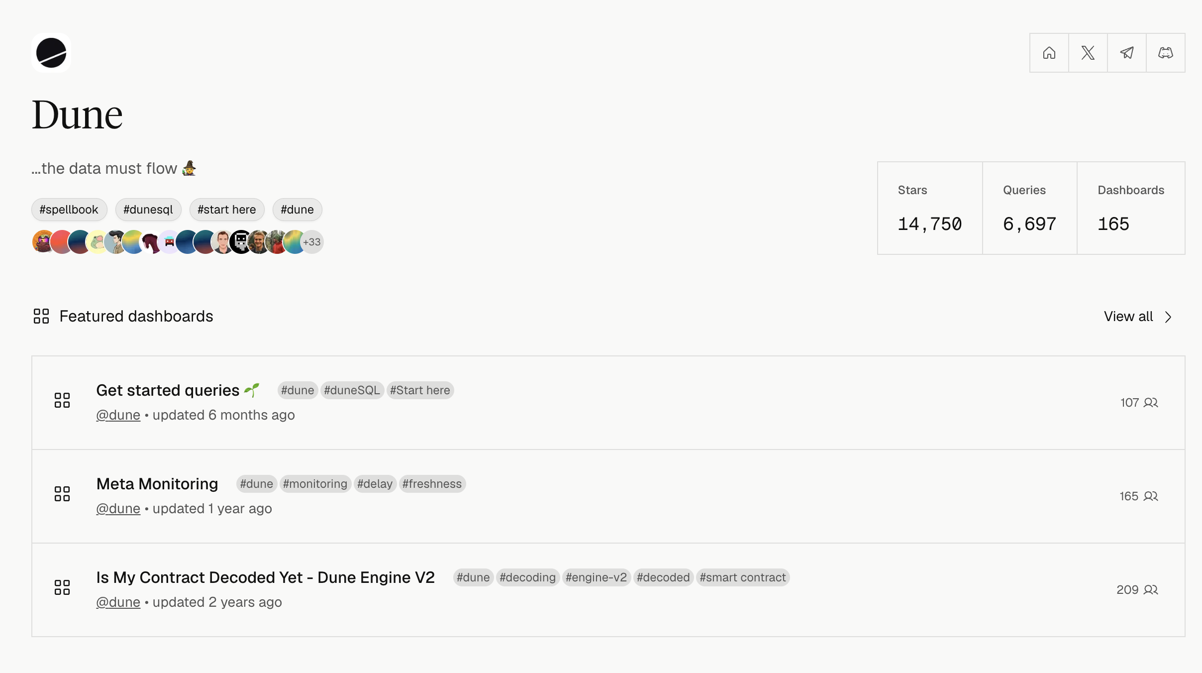 Redesigned Dune team profile page for Dune with bio, tags, contributor avatars, stats (stars, queries, dashboards), and featured dashboards.